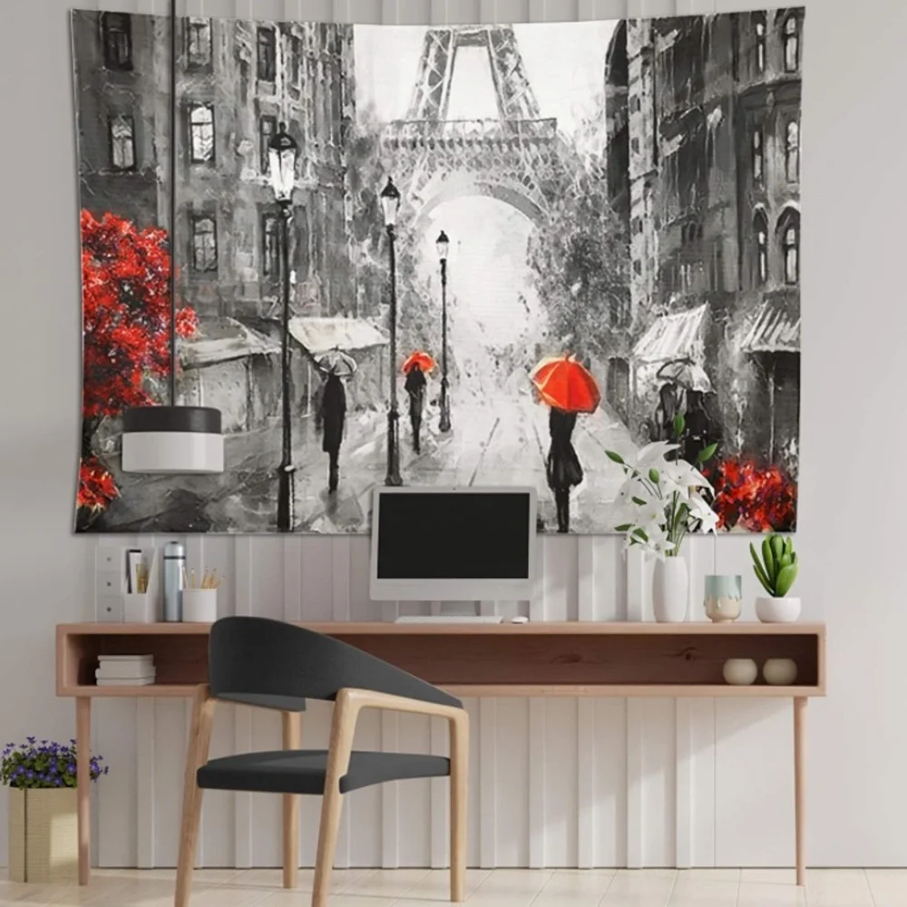 Luxury Home | Elegant Black & White with Red Detail Paris Eiffel Tower Tapestry